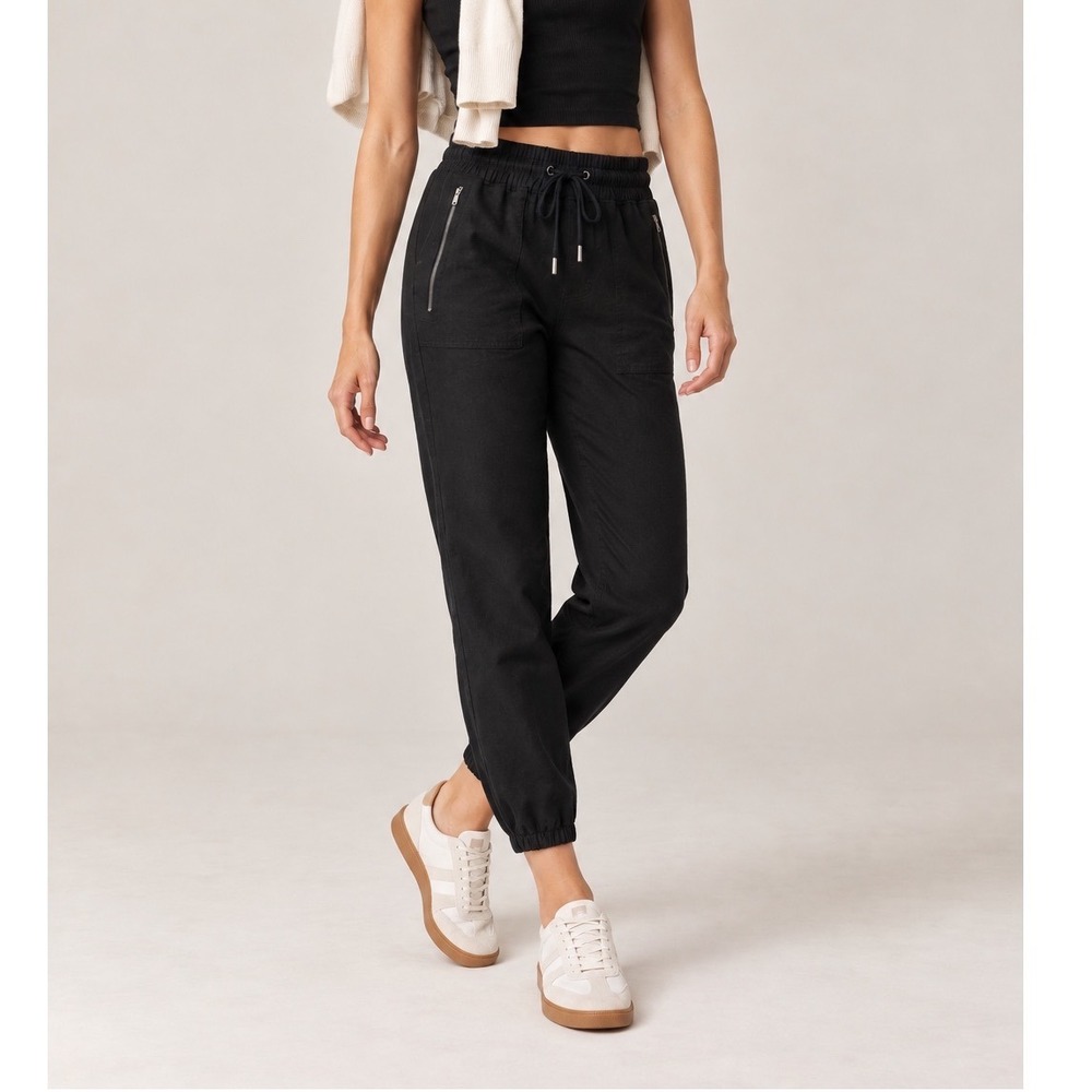 Athleta Cabo Linen Jogger Womens 6 Black Coastal Relaxed Ankle Pants 100% Linen